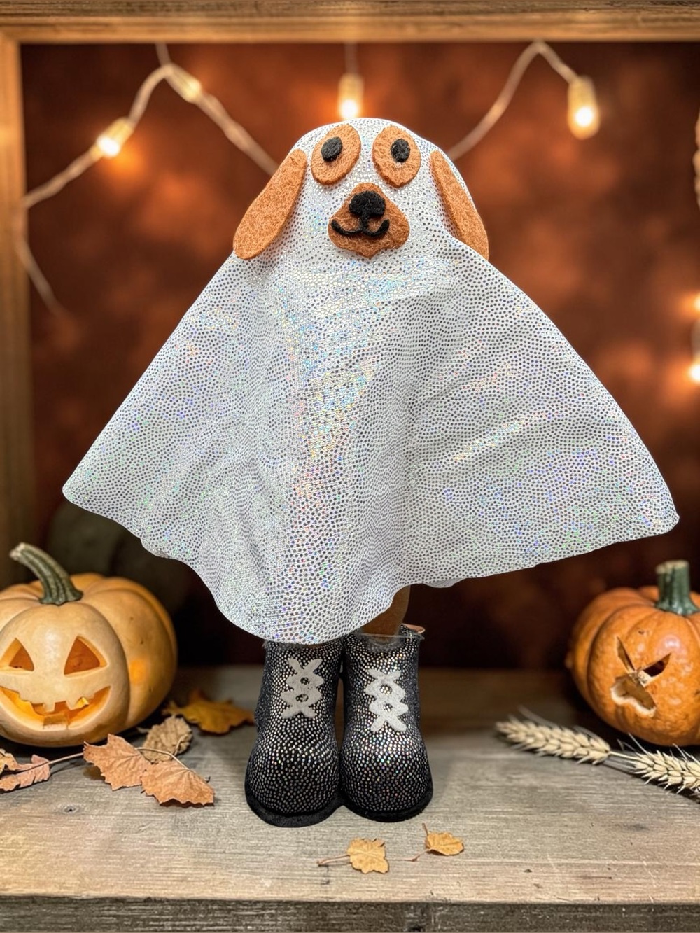 🐶👻 Whimsical Dog Ghost Figurine with Black Glitter Boots & White Laces ✨